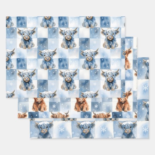 Blue Checkered Highland Cow Snowflake Winter ラッピングペーパーシート (セット)