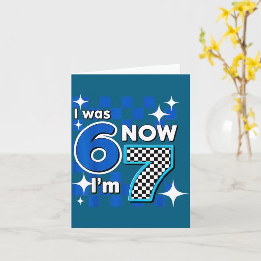 Blue Checkered I Was 6 Now I'm 7 Birthday  カード (黄色い花)