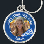Blue Cheerleader Photo High School Spirit キーホルダー<br><div class="desc">This cool customized high school cheerleader photo gift features white typography of your team and player name on a blue keychain with a cheer megaphone. Personalize with your student's photograph and class year as a proud cheerleading parent. A great gift for a mom or dad.</div>