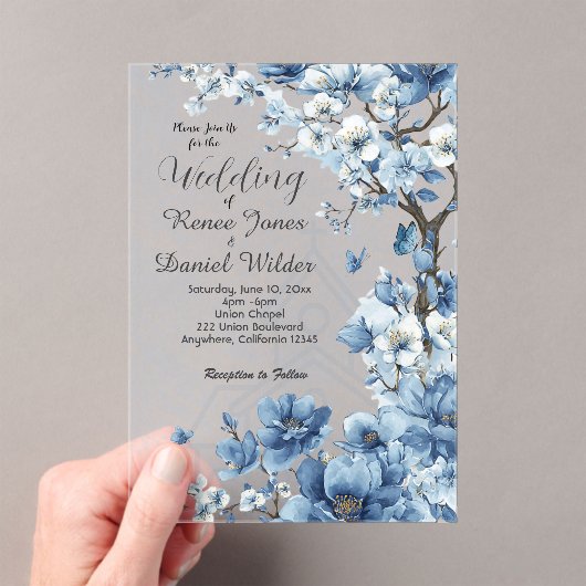 Blue Cherry Blossom Asian Wedding Invitation アクリル招待状 (インサイチュ (ポータブル))