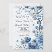 Blue Cherry Blossom Asian Wedding Invitation 招待状 (正面)