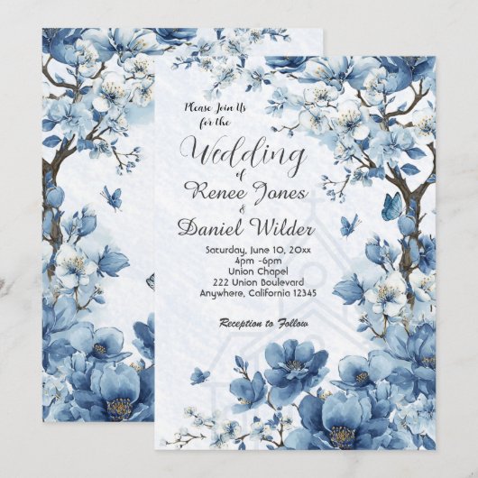 Blue Cherry Blossom Asian Wedding Invitation 招待状 (正面/裏面)