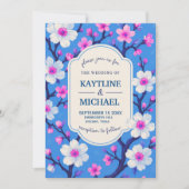 Blue Cherry Blossom Elegant Floral Romantic Spring 招待状 (正面)