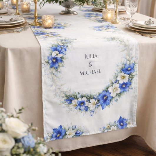 Blue Chic Botanical Wreath Wedding Decor Newlyweds ロングテーブルランナー