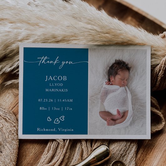 Blue Chic Minimalist Photo Baby Announcement Card 招待状