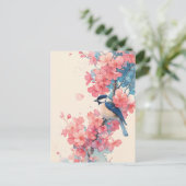 Blue Chickadee on Pink Cherry Blossom Branch ポストカード (スタンド正面)