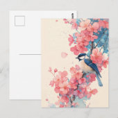 Blue Chickadee on Pink Cherry Blossom Branch ポストカード (正面/裏面)