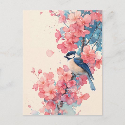Blue Chickadee on Pink Cherry Blossom Branch ポストカード (正面)