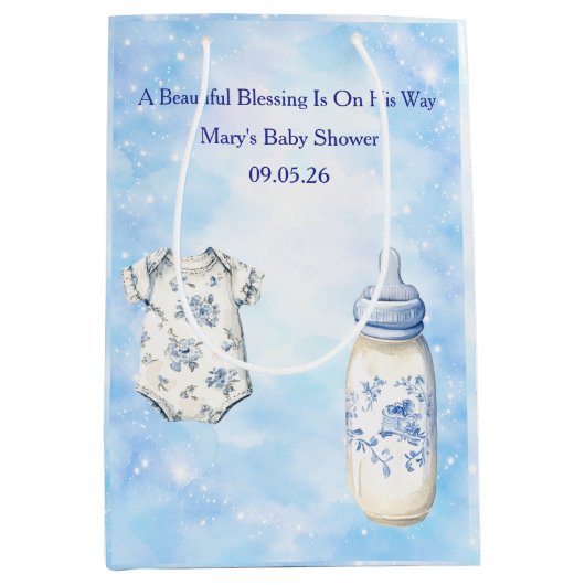 Blue Chinoiserie Baby Shower Gift Bags ミディアムペーパーバッグ (正面)