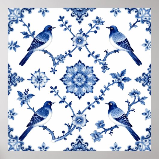 Blue Chinoiserie Bird Floral Pattern ポスター (正面)