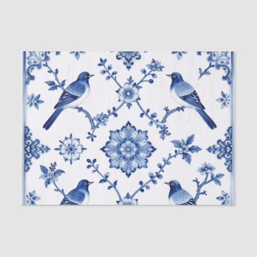 Blue Chinoiserie Bird Floral Pattern 薄葉紙 (正面)