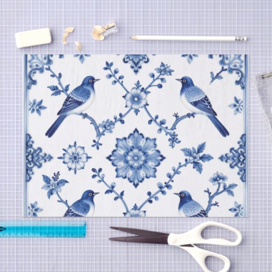 Blue Chinoiserie Bird Floral Pattern 薄葉紙 (クラフト)