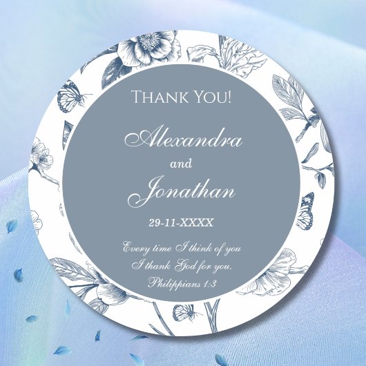 Blue Chinoiserie Christian Wedding Thank You ラウンドシール