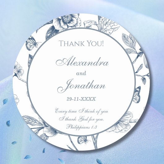 Blue Chinoiserie Christian Wedding Thank You ラウンドシール