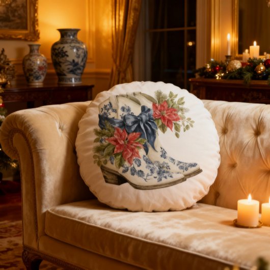 Blue Chinoiserie Christmas Cowgirl Boots Pillow ラウンドクッション