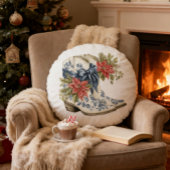 Blue Chinoiserie Christmas Cowgirl Boots Pillow ラウンドクッション