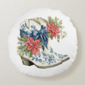 Blue Chinoiserie Christmas Cowgirl Boots Pillow ラウンドクッション (正面)