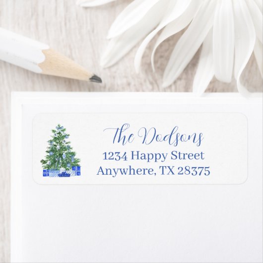 Blue Chinoiserie Christmas Tree ラベル (インサイチュ)