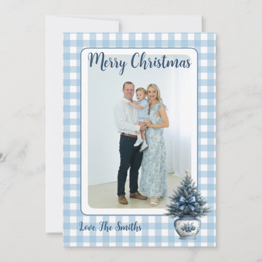 Blue Chinoiserie Christmas tree Grandmillenial シーズンカード (正面)