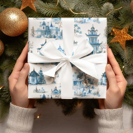 Blue Chinoiserie Christmas Village Wrapping Paper ラッピングペーパー