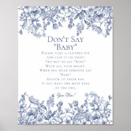 Blue Chinoiserie Dont Say Baby Shower Game ポスター