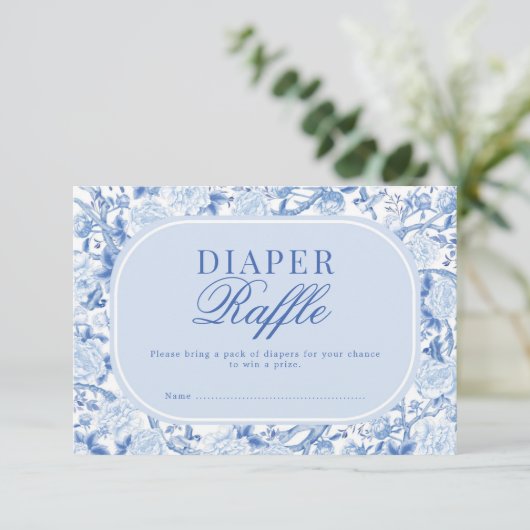 Blue Chinoiserie Floral Bird Toile Diaper Raffle カード (スタンド正面)