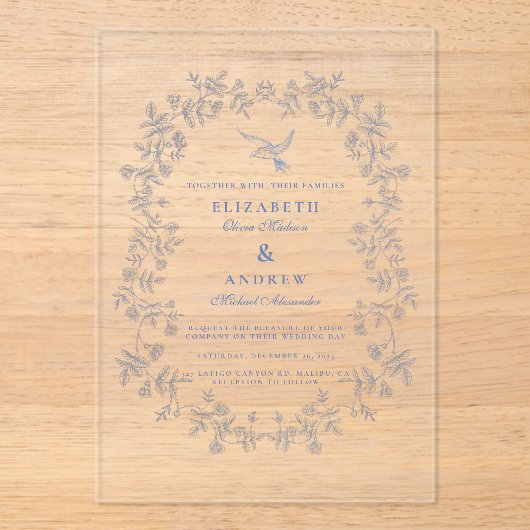 Blue Chinoiserie Floral Botanical Wedding アクリル招待状 (正面)