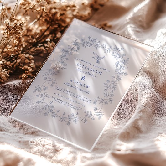 Blue Chinoiserie Floral Botanical Wedding アクリル招待状