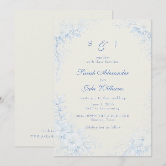 Blue Chinoiserie Floral Cream Wedding 招待状 (正面/裏面)