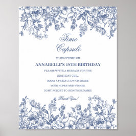 Blue Chinoiserie Floral Time Capsule Baby Birthday ポスター