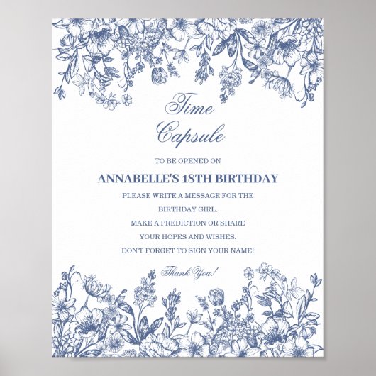 Blue Chinoiserie Floral Time Capsule Baby Birthday ポスター (正面)