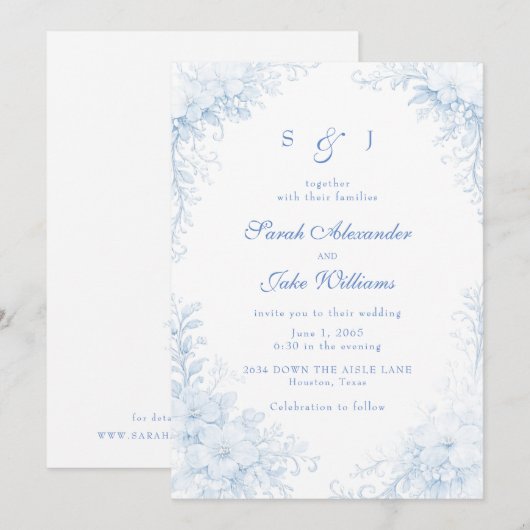 Blue Chinoiserie Floral Wedding 招待状 (正面/裏面)