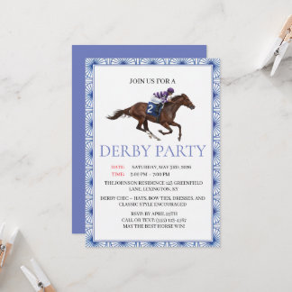 Blue Chinoiserie Horse Race Derby Party Invite 招待状