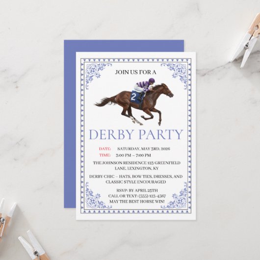 Blue Chinoiserie Horse Race Derby Party Invite 招待状 (正面/裏面インサイチュ)