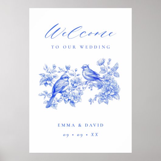 Blue Chinoiserie Love Birds Wedding Welcome ポスター (正面)