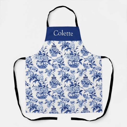 Blue Chinoiserie Monogram Name エプロン (正面)