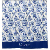 Blue Chinoiserie Monogram Name Shower Curtain シャワーカーテン (正面)