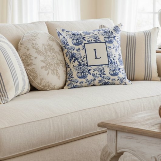 Blue Chinoiserie Monogram Throw Pillow クッション