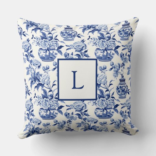 Blue Chinoiserie Monogram Throw Pillow クッション (裏面)