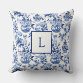 Blue Chinoiserie Monogram Throw Pillow クッション (正面)