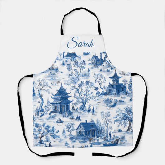 Blue Chinoiserie Personalized Christmas Apron エプロン (正面)