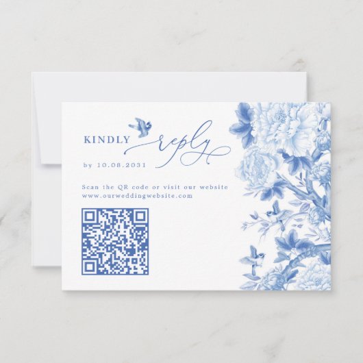 Blue Chinoiserie QRコードの結婚ウェブサイトRSVP カード (正面)
