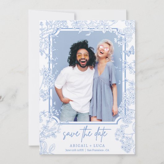 Blue Chinoiserie Toileの結婚日付救写真 招待状 (正面)
