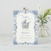 Blue Chinoiserie Toile Baby Carriage Baby Shower 招待状 (スタンド正面)