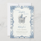 Blue Chinoiserie Toile Baby Carriage Baby Shower 招待状 (正面)