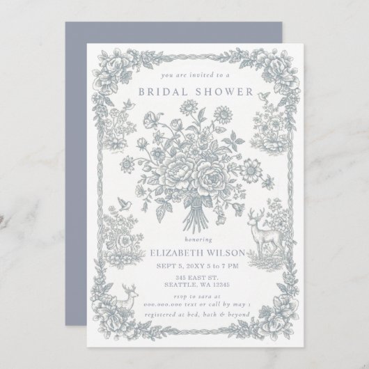 Blue Chinoiserie Toile Floral Bridal Shower 招待状 (正面/裏面)