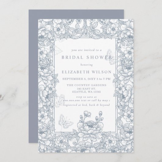 Blue Chinoiserie Toile Floral Bridal Shower 招待状 (正面/裏面)