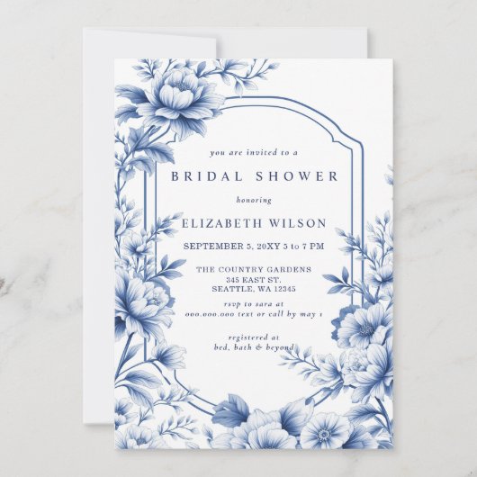 Blue Chinoiserie Toile Floral Bridal Shower 招待状 (正面)