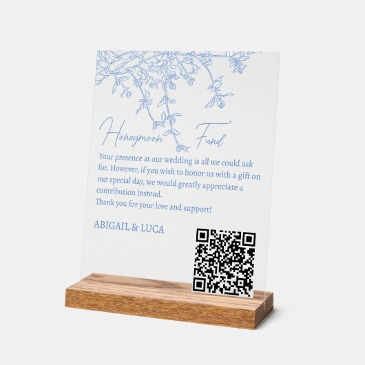 Blue Chinoiserie Toile Honeymoon Fund Wishing Well アクリルサイン (傾斜)