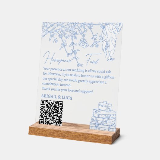 Blue Chinoiserie Toile Honeymoon Fund Wishing Well アクリルサイン (傾斜)